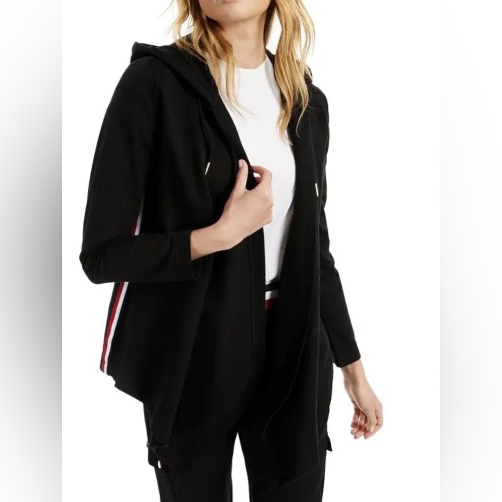 Women’s Tommy Hilfiger Hooded Flyaway Cardigan, Black with stripes, size medium
